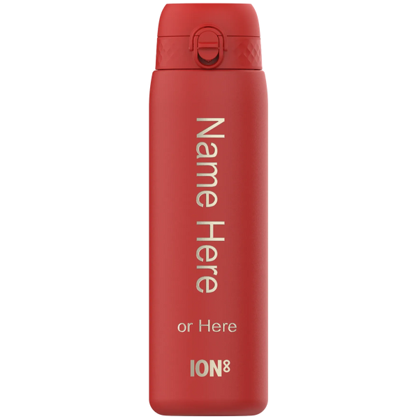 A red water bottle stands vertically with a flip-top lid. Text reads Name Here or Here ION8 indicating customization options. The background is plain white.