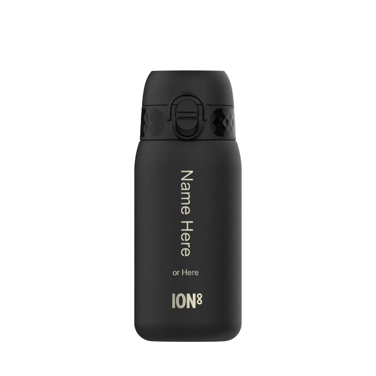 A matte black water bottle with a secure flip-top lid stands against a plain background Text on the bottle includes Name Here or Here ION8