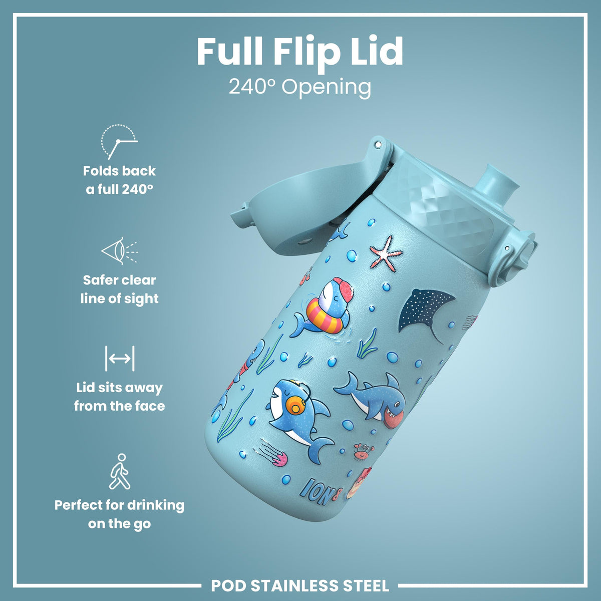 Leak Proof Thermal Steel Water Bottle, Insulated, Blue Sharks, 320ml (11oz)