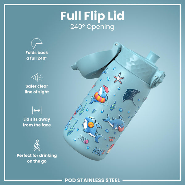 Leak Proof Thermal Steel Water Bottle, Insulated, Blue Sharks, 320ml (11oz)