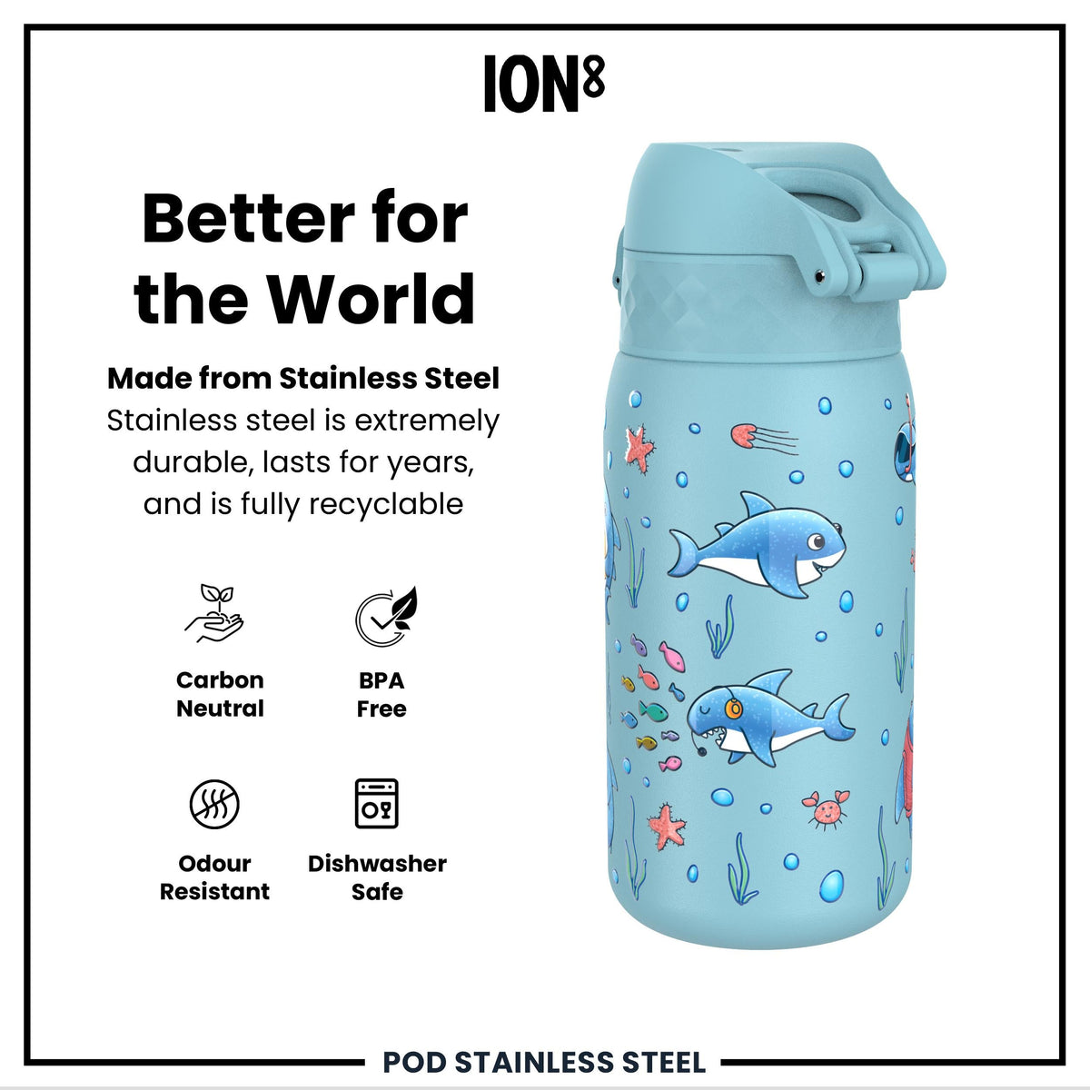 Leak Proof Thermal Steel Water Bottle, Insulated, Blue Sharks, 320ml (11oz)