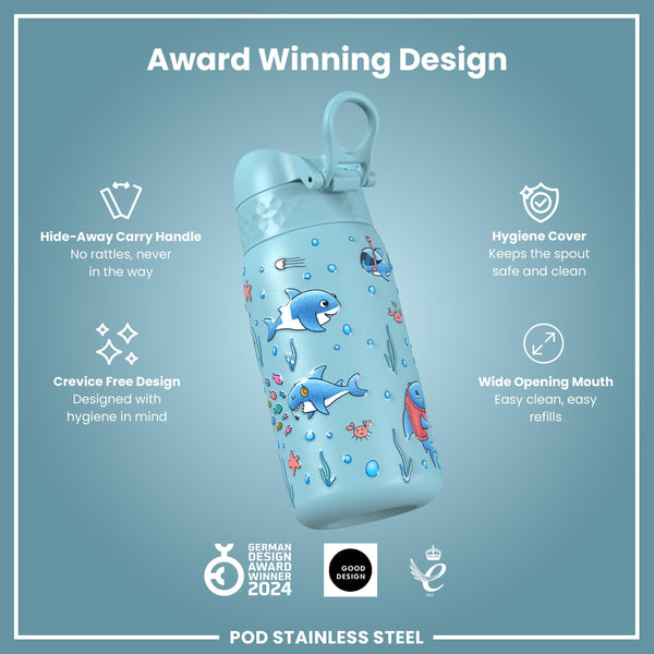 Leak Proof Thermal Steel Water Bottle, Insulated, Blue Sharks, 320ml (11oz)