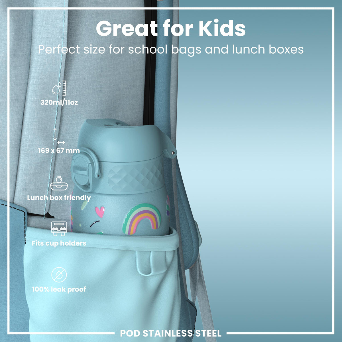 Leak Proof Thermal Steel Water Bottle, Insulated, Blue Unicorns, 320ml (11oz)