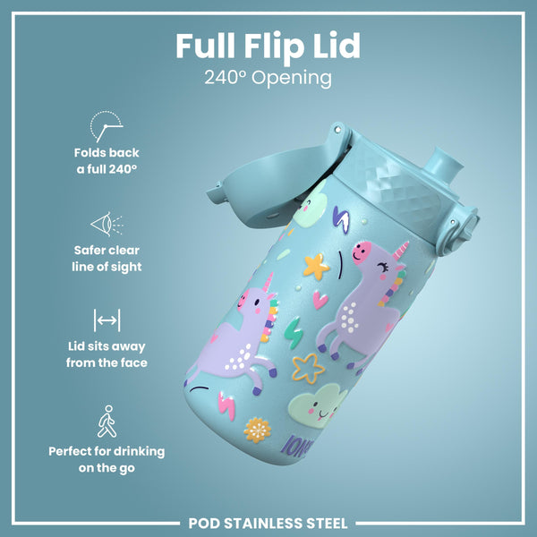 Leak Proof Thermal Steel Water Bottle, Insulated, Blue Unicorns, 320ml (11oz)