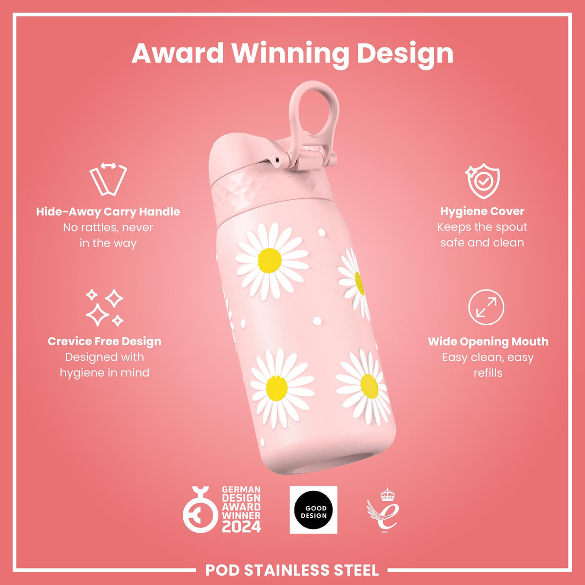 Leak Proof Thermal Steel Water Bottle, Insulated, Daisy, 320ml (11oz)