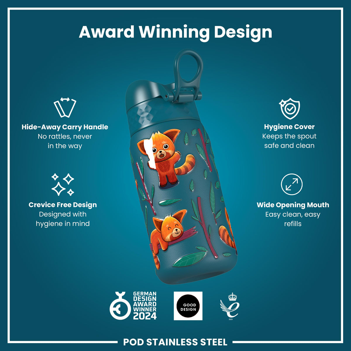 Leak Proof Thermal Steel Water Bottle, Insulated, Red Pandas, 320ml (11oz)