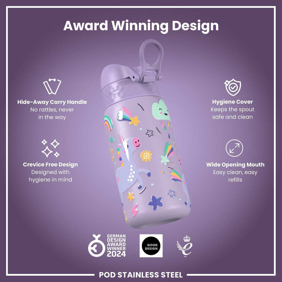 Leak Proof Thermal Steel Water Bottle, Insulated, Purple Unicorns, 320ml (11oz)