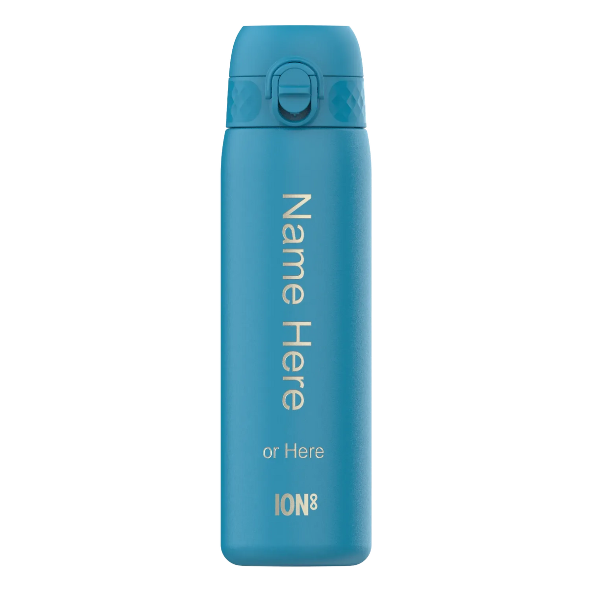 A blue water bottle stands upright on a white background displaying text vertically "Name Here or Here ION8" on its side.
