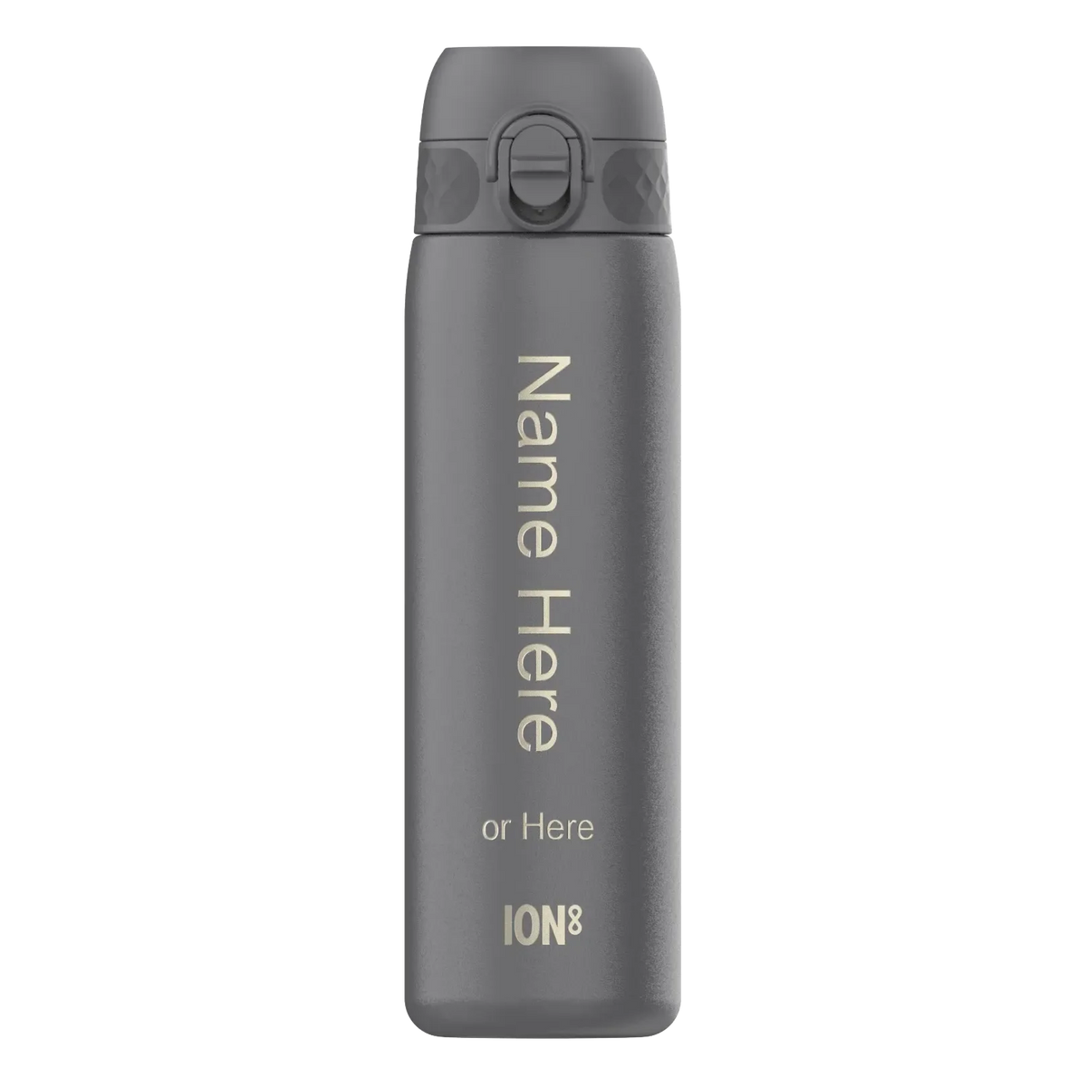 A gray water bottle standing upright displaying the text "Name Here or Here ION8" on its surface, set against a plain white background.
