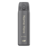 A gray water bottle standing upright displaying the text 