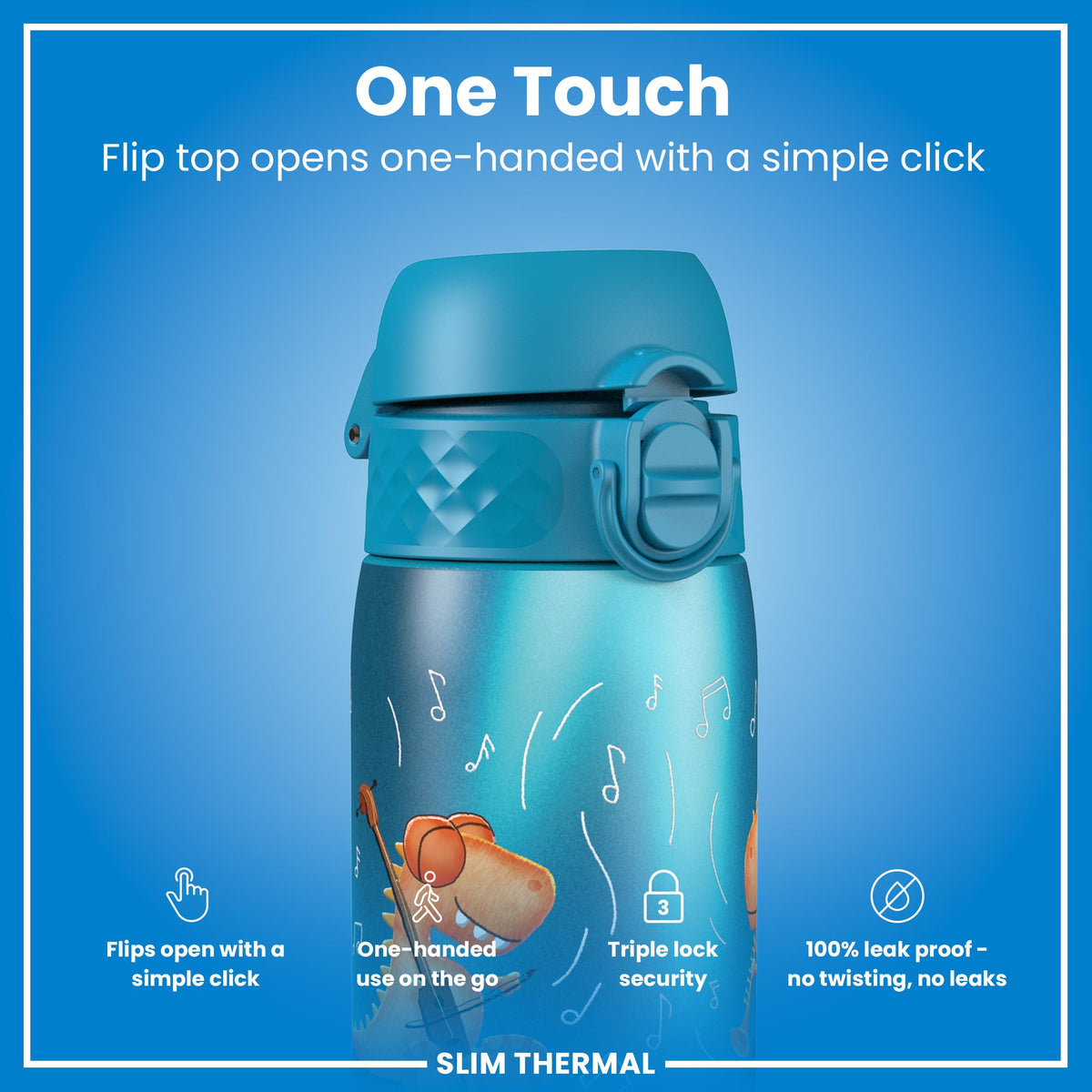 Leak Proof Slim Thermal Water Bottle, Insulated Steel, Dinosaur Band, 500ml (17oz)