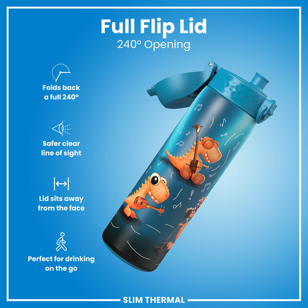 Leak Proof Slim Thermal Water Bottle, Insulated Steel, Dinosaur Band, 500ml (17oz)