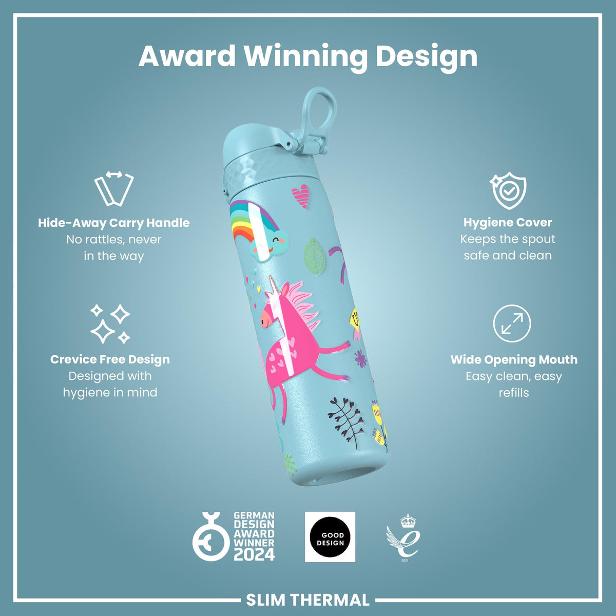 Leak Proof Slim Thermal Water Bottle, Insulated Steel, Blue Unicorns, 500ml (17oz)