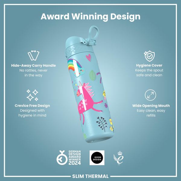 Leak Proof Slim Thermal Water Bottle, Insulated Steel, Blue Unicorns, 500ml (17oz)