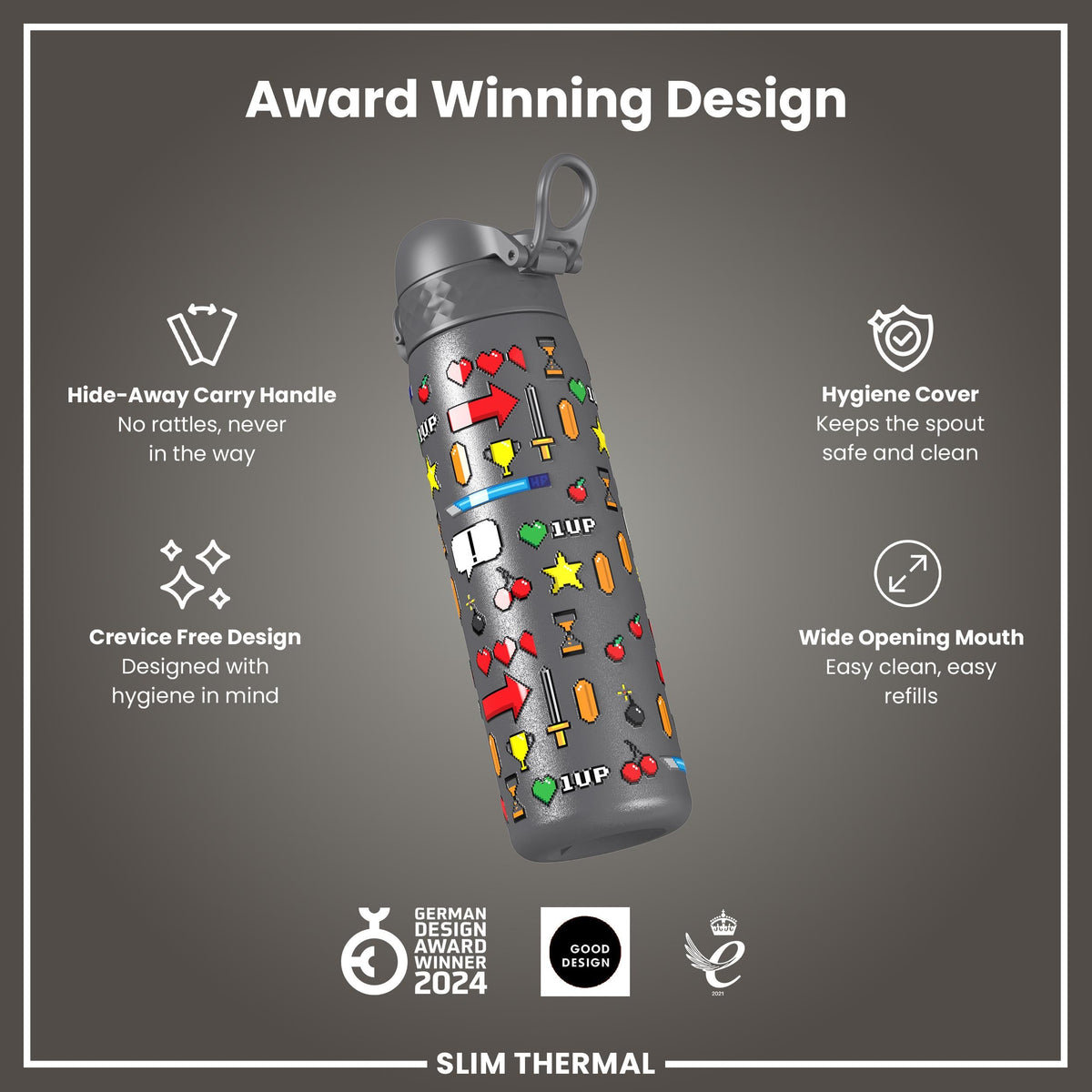Leak Proof Slim Thermal Water Bottle, Insulated Steel, Gamer, 500ml (17oz)