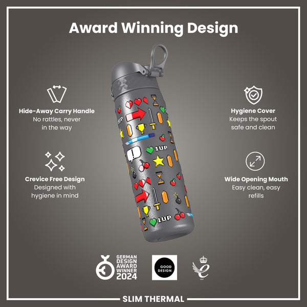 Leak Proof Slim Thermal Water Bottle, Insulated Steel, Gamer, 500ml (17oz)