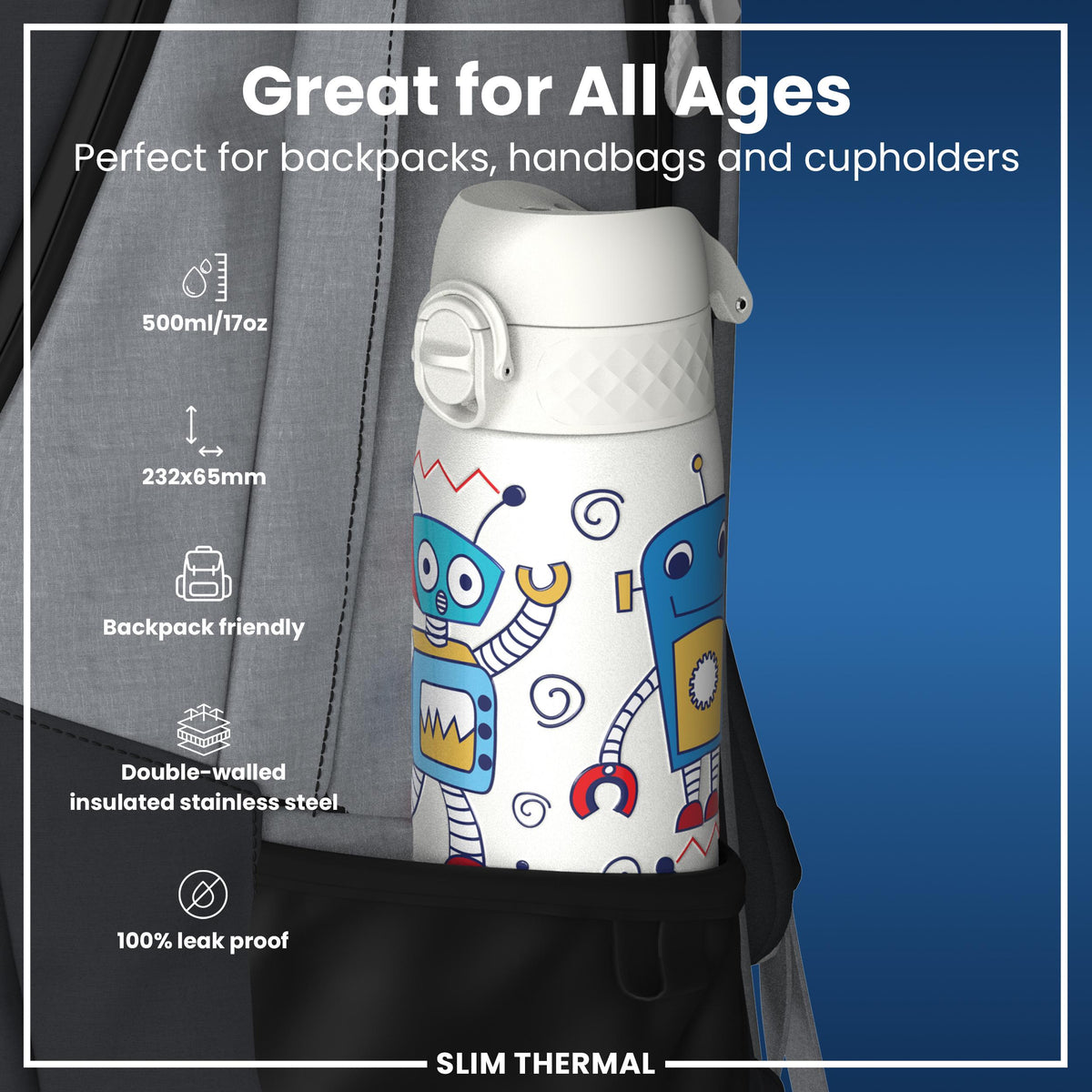 Leak Proof Slim Thermal Water Bottle, Insulated Steel, Robots, 500ml (17oz)