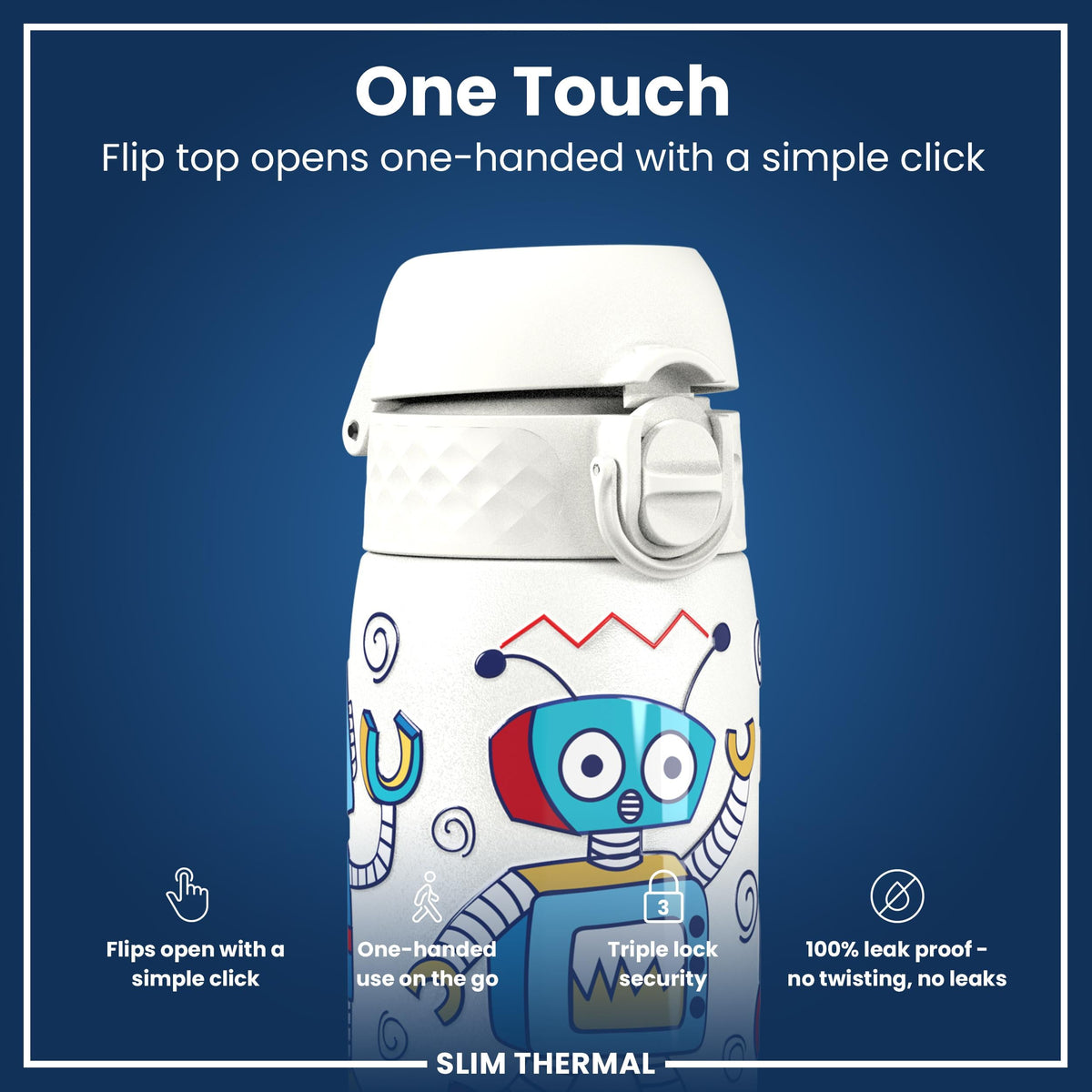 Leak Proof Slim Thermal Water Bottle, Insulated Steel, Robots, 500ml (17oz)