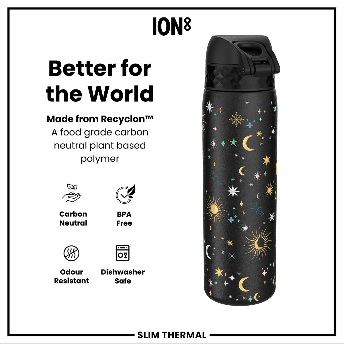 Leak Proof Slim Thermal Water Bottle, Insulated Steel, Celestial, 500ml (17oz)