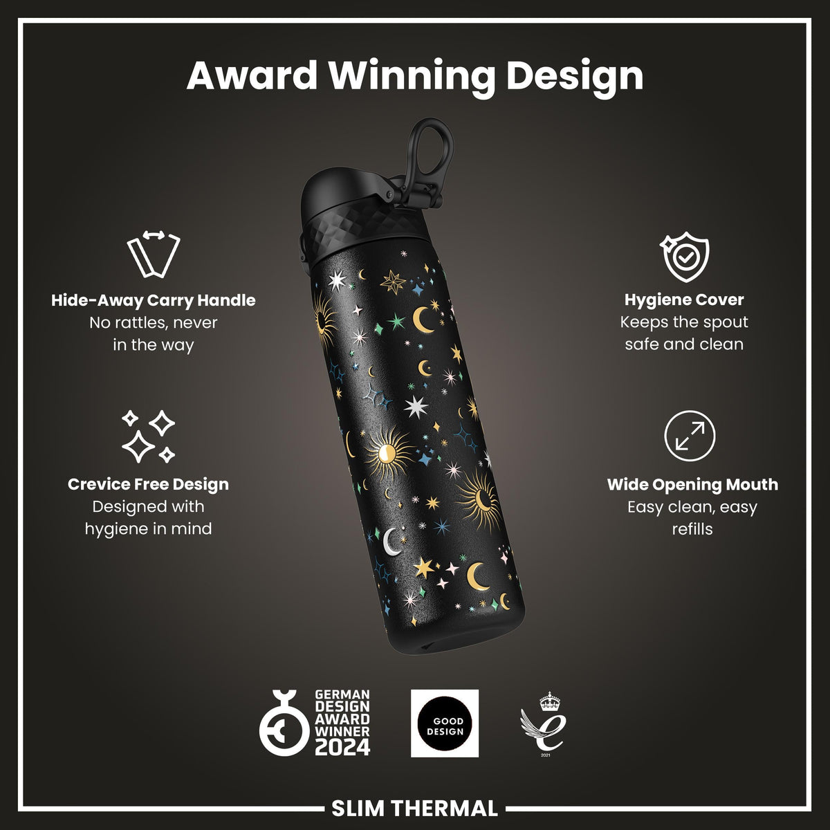 Leak Proof Slim Thermal Water Bottle, Insulated Steel, Celestial, 500ml (17oz)