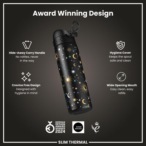 Leak Proof Slim Thermal Water Bottle, Insulated Steel, Celestial, 500ml (17oz)
