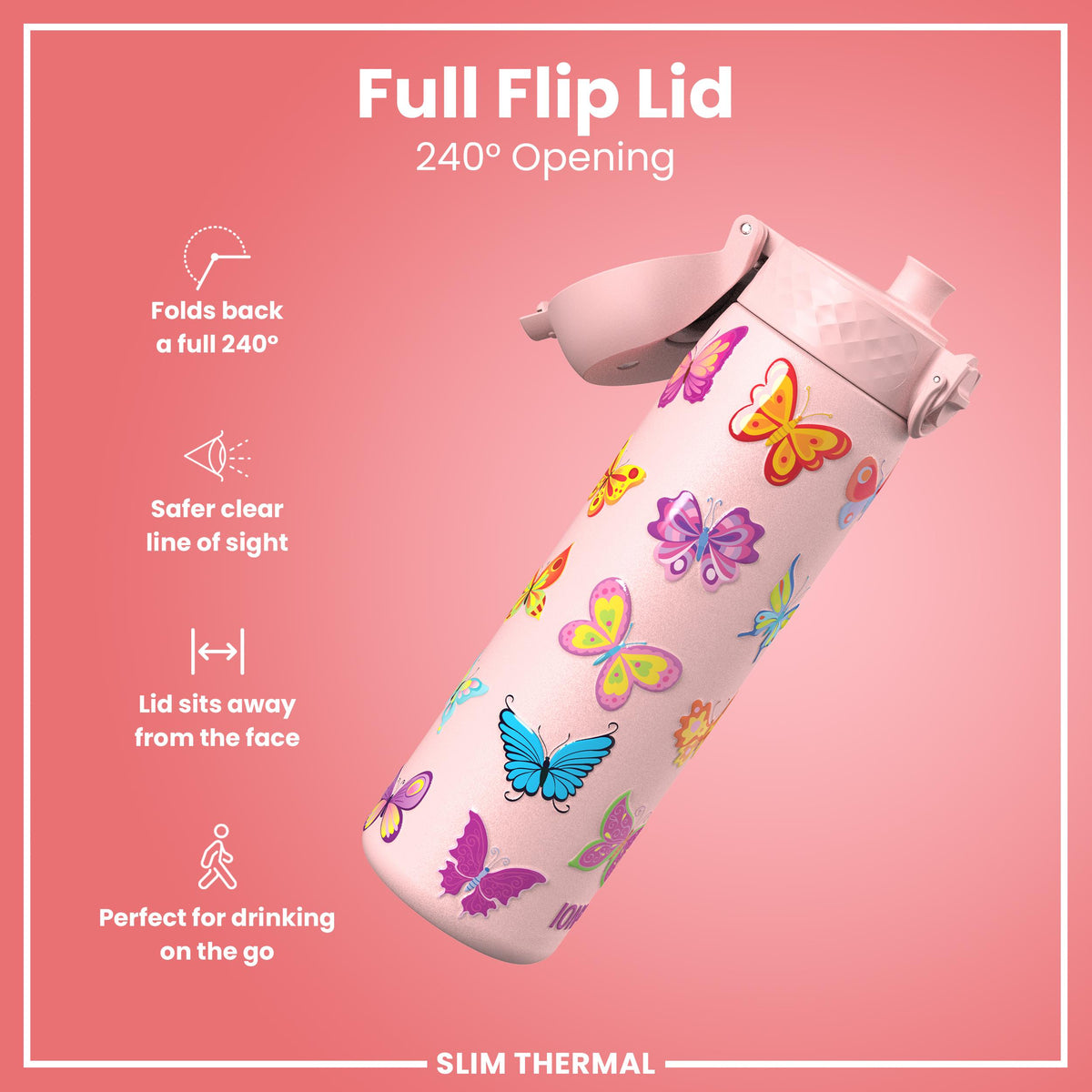 Leak Proof Slim Thermal Water Bottle, Insulated Steel, Butterfly, 500ml (17oz)