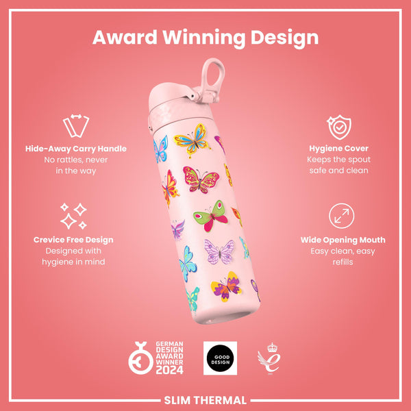 Leak Proof Slim Thermal Water Bottle, Insulated Steel, Butterfly, 500ml (17oz)
