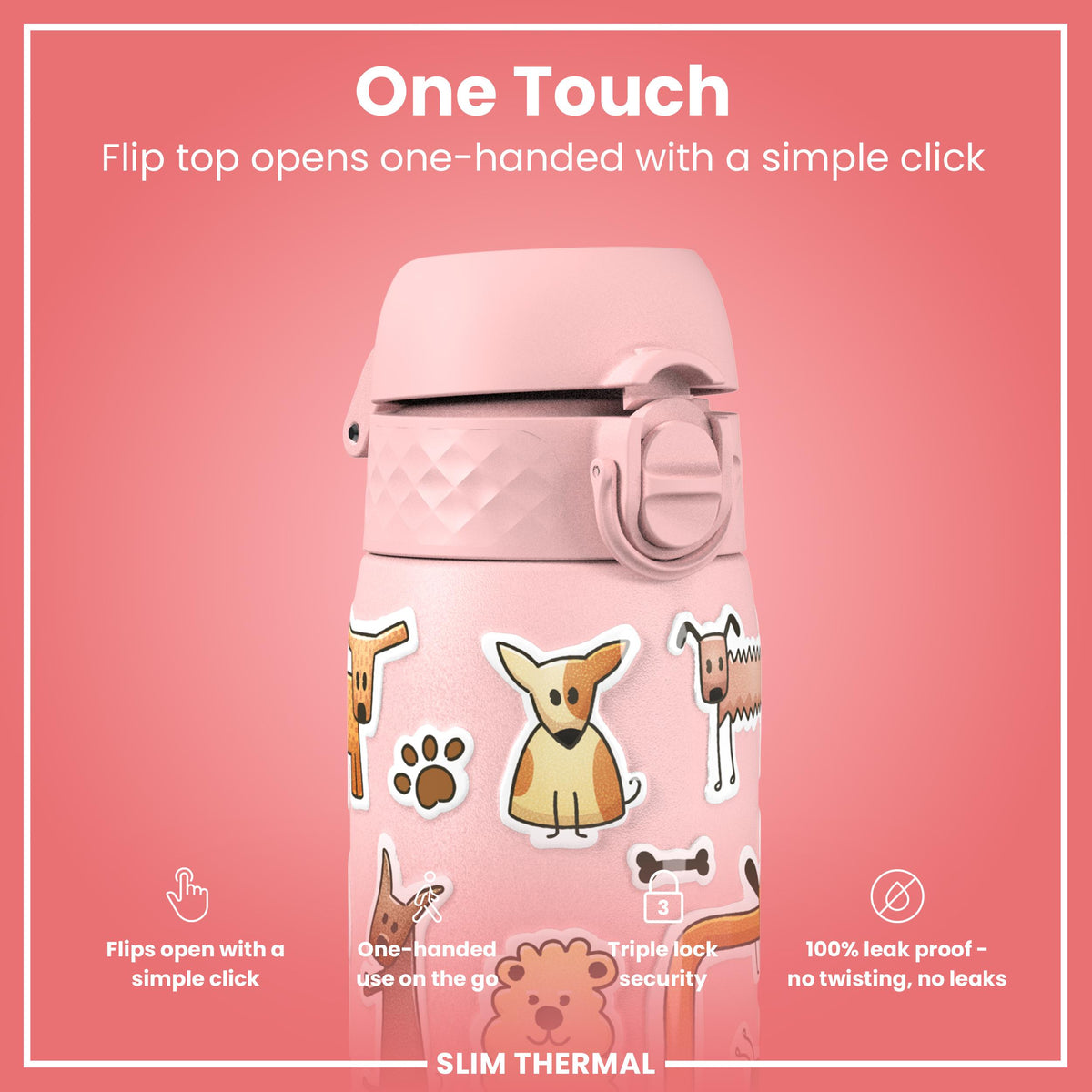 Leak Proof Slim Thermal Water Bottle, Insulated Steel, Dogs, 500ml (17oz)