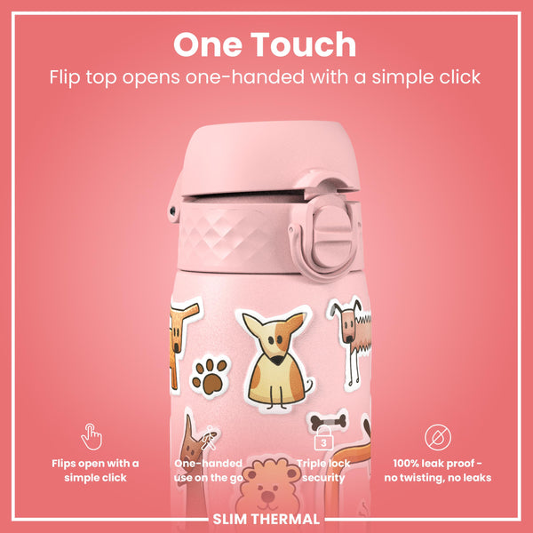 Leak Proof Slim Thermal Water Bottle, Insulated Steel, Dogs, 500ml (17oz)