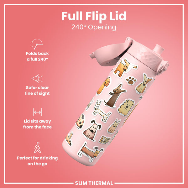 Leak Proof Slim Thermal Water Bottle, Insulated Steel, Dogs, 500ml (17oz)