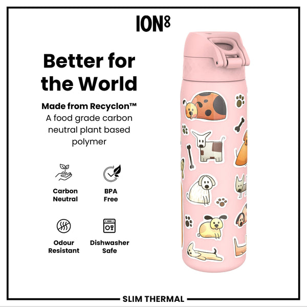 Leak Proof Slim Thermal Water Bottle, Insulated Steel, Dogs, 500ml (17oz)