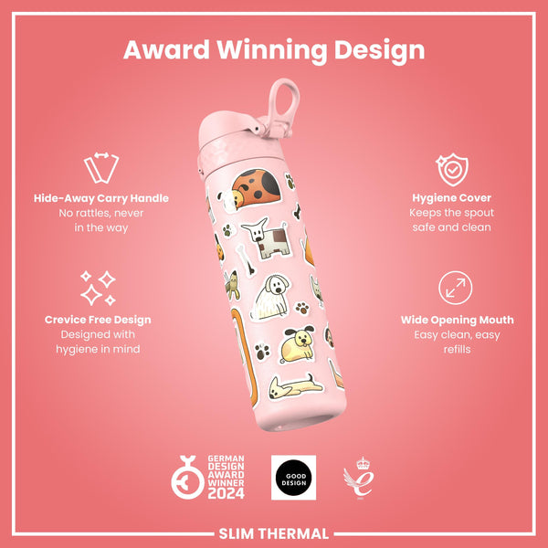 Leak Proof Slim Thermal Water Bottle, Insulated Steel, Dogs, 500ml (17oz)