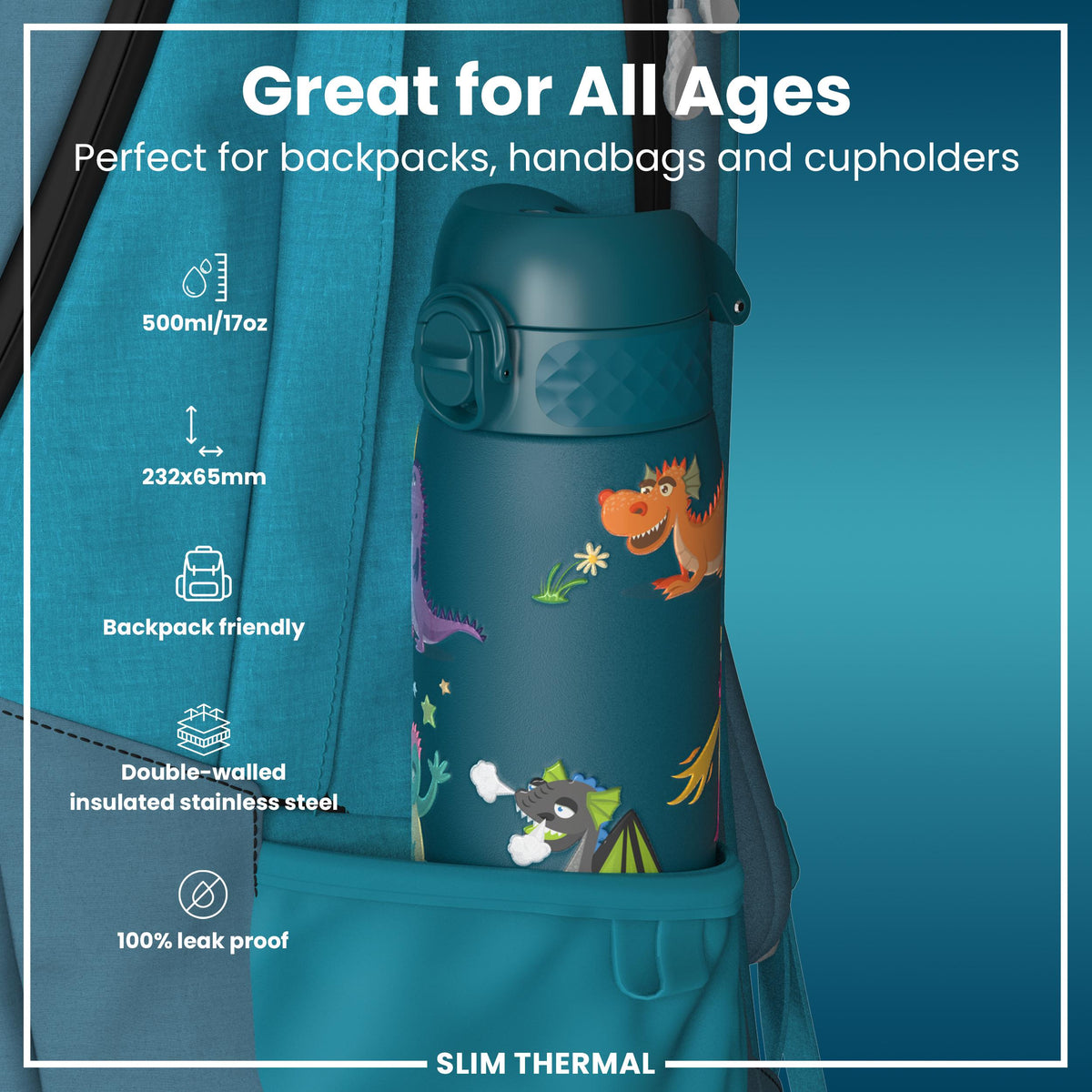 Leak Proof Slim Thermal Water Bottle, Insulated Steel, Teal Dragons, 500ml (17oz)