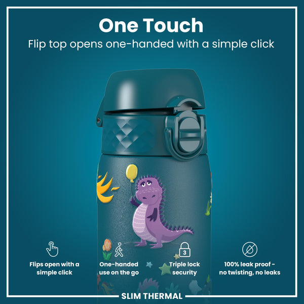 Leak Proof Slim Thermal Water Bottle, Insulated Steel, Teal Dragons, 500ml (17oz)