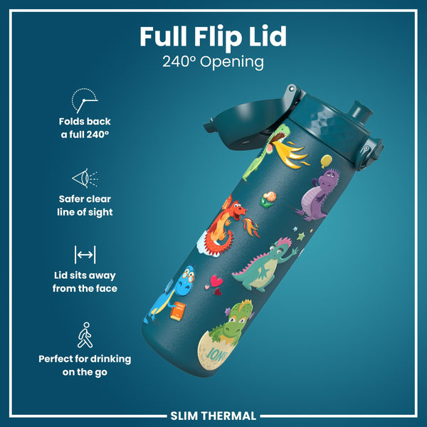 Leak Proof Slim Thermal Water Bottle, Insulated Steel, Teal Dragons, 500ml (17oz)
