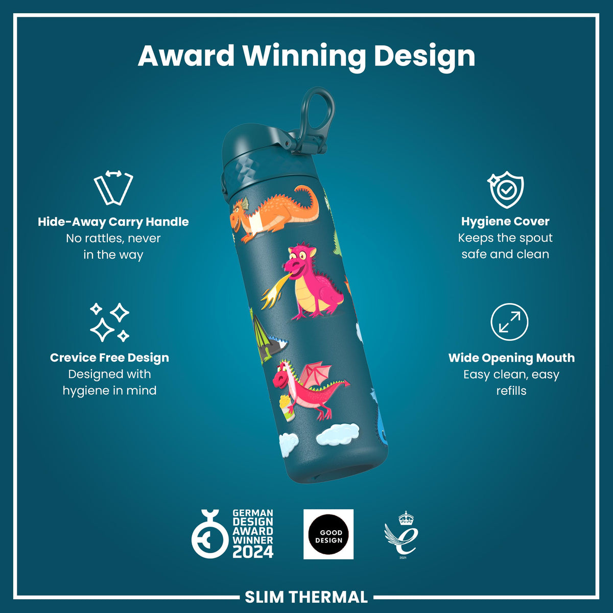 Leak Proof Slim Thermal Water Bottle, Insulated Steel, Teal Dragons, 500ml (17oz)