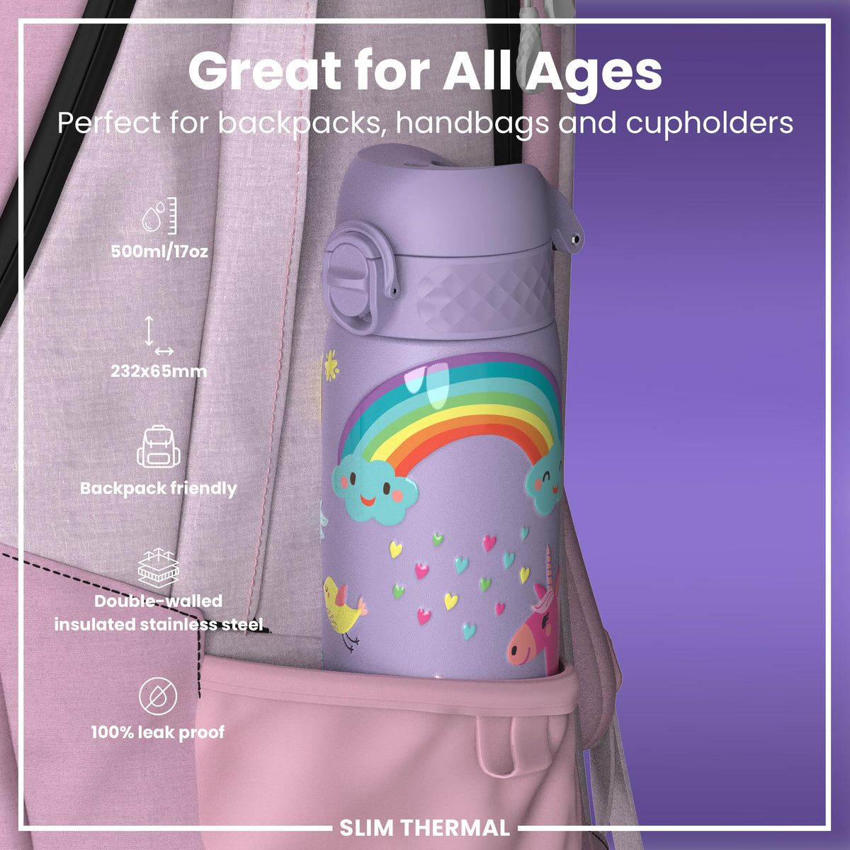 Leak Proof Slim Thermal Water Bottle, Insulated Steel, Purple Unicorns, 500ml (17oz)