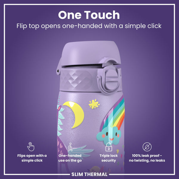 Leak Proof Slim Thermal Water Bottle, Insulated Steel, Purple Unicorns, 500ml (17oz)