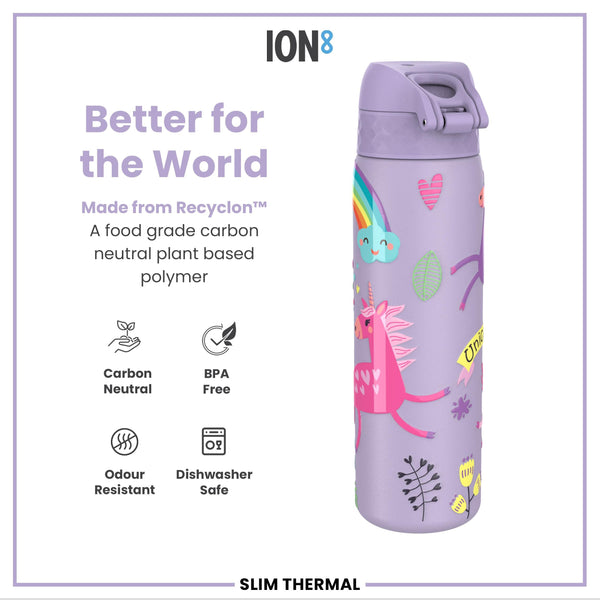 Leak Proof Slim Thermal Water Bottle, Insulated Steel, Purple Unicorns, 500ml (17oz)
