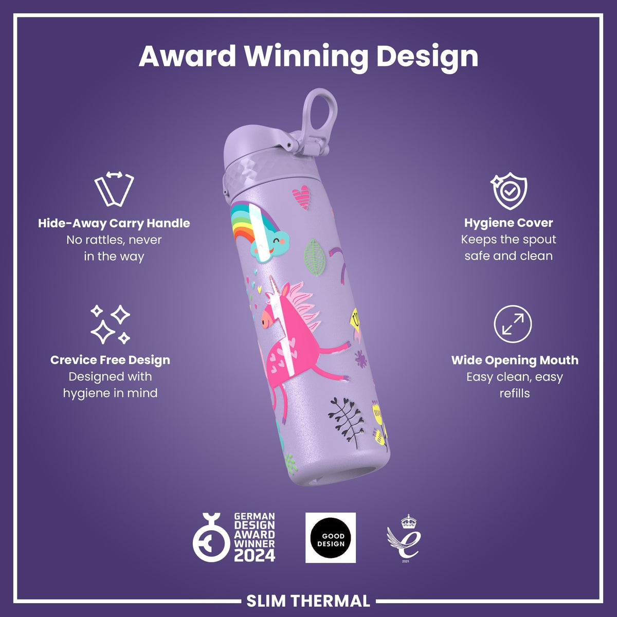 Leak Proof Slim Thermal Water Bottle, Insulated Steel, Purple Unicorns, 500ml (17oz)