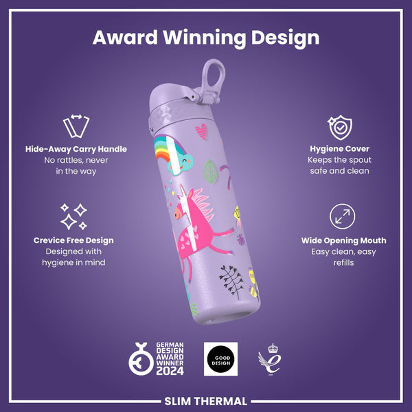 Leak Proof Slim Thermal Water Bottle, Insulated Steel, Purple Unicorns, 500ml (17oz)