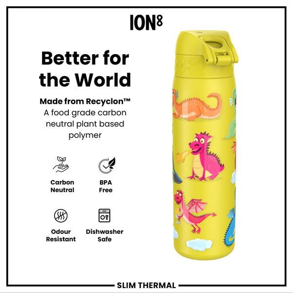 Leak Proof Slim Thermal Water Bottle, Insulated Steel, Yellow Dragons, 500ml (17oz)
