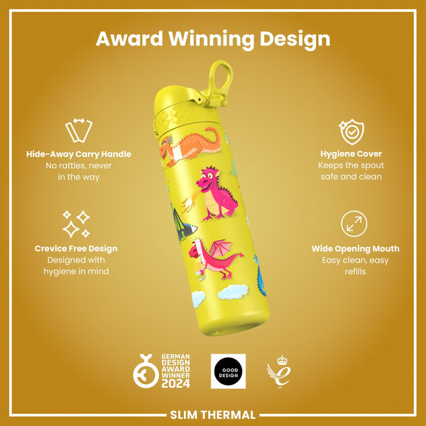 Leak Proof Slim Thermal Water Bottle, Insulated Steel, Yellow Dragons, 500ml (17oz)