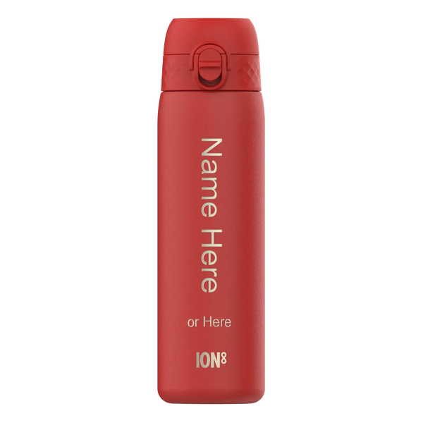 A red reusable water bottle stands upright featuring the text "Name Here or Here ION8" designed for customization and branding in a plain background.