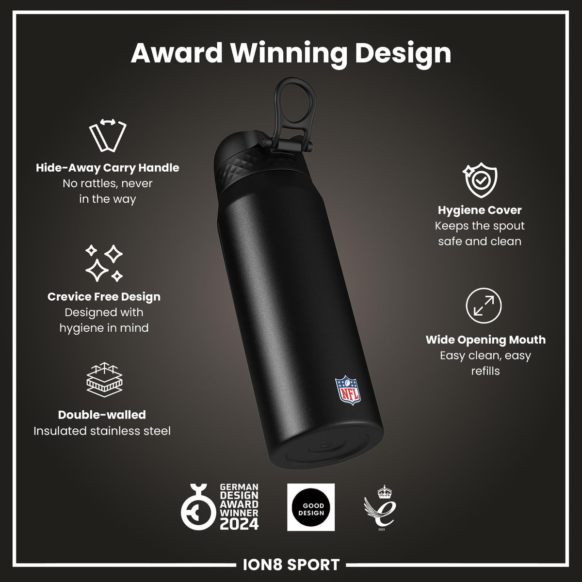 NFL x ION8 Insulated Steel Water Bottle, NFL Dolphins, 750ml (24oz)