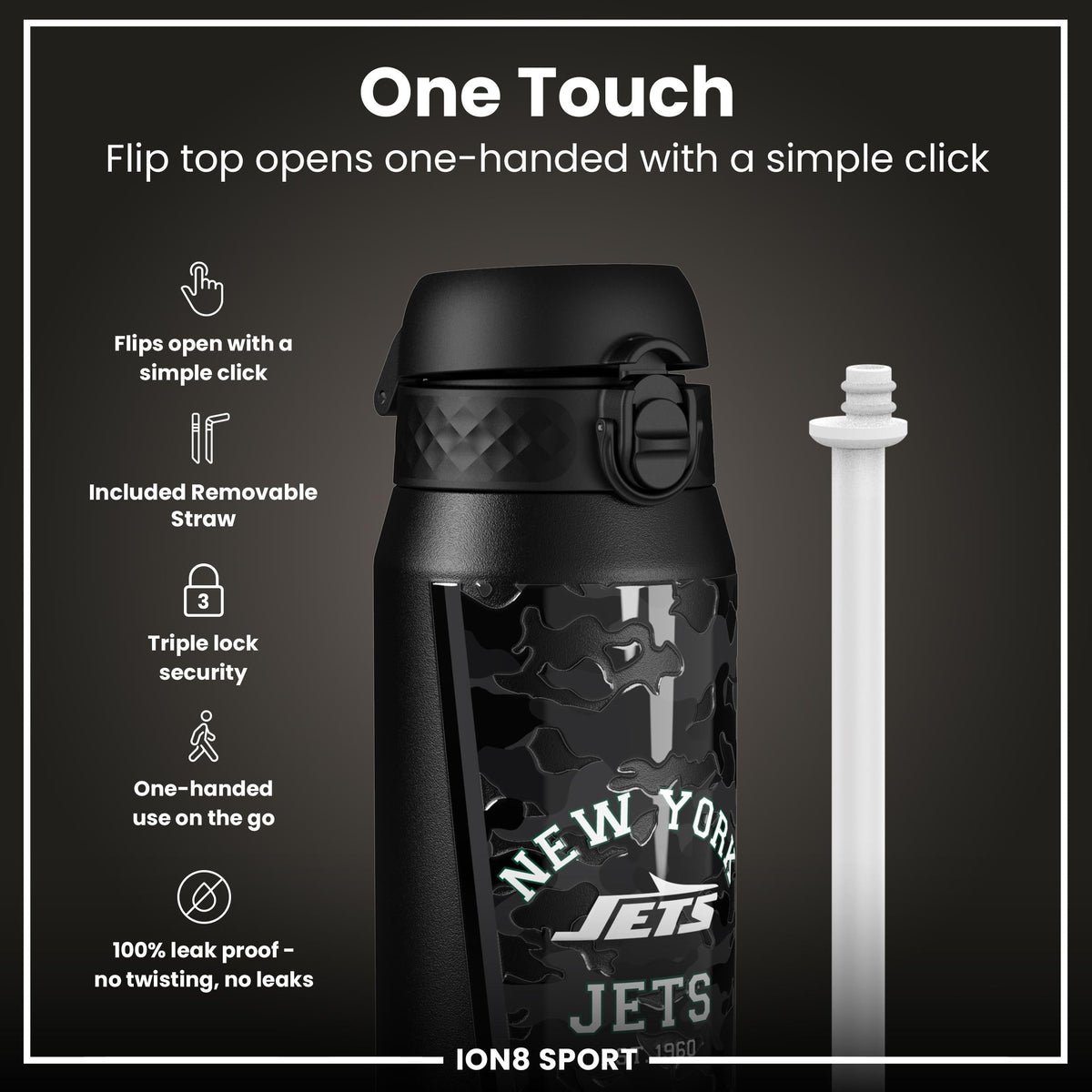 NFL x ION8 Insulated Steel Water Bottle, NFL Jets, 750ml (24oz)