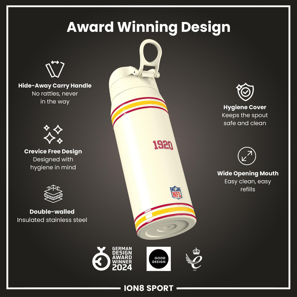NFL x ION8 Insulated Steel Water Bottle, NFL Cardinals, 750ml (24oz)
