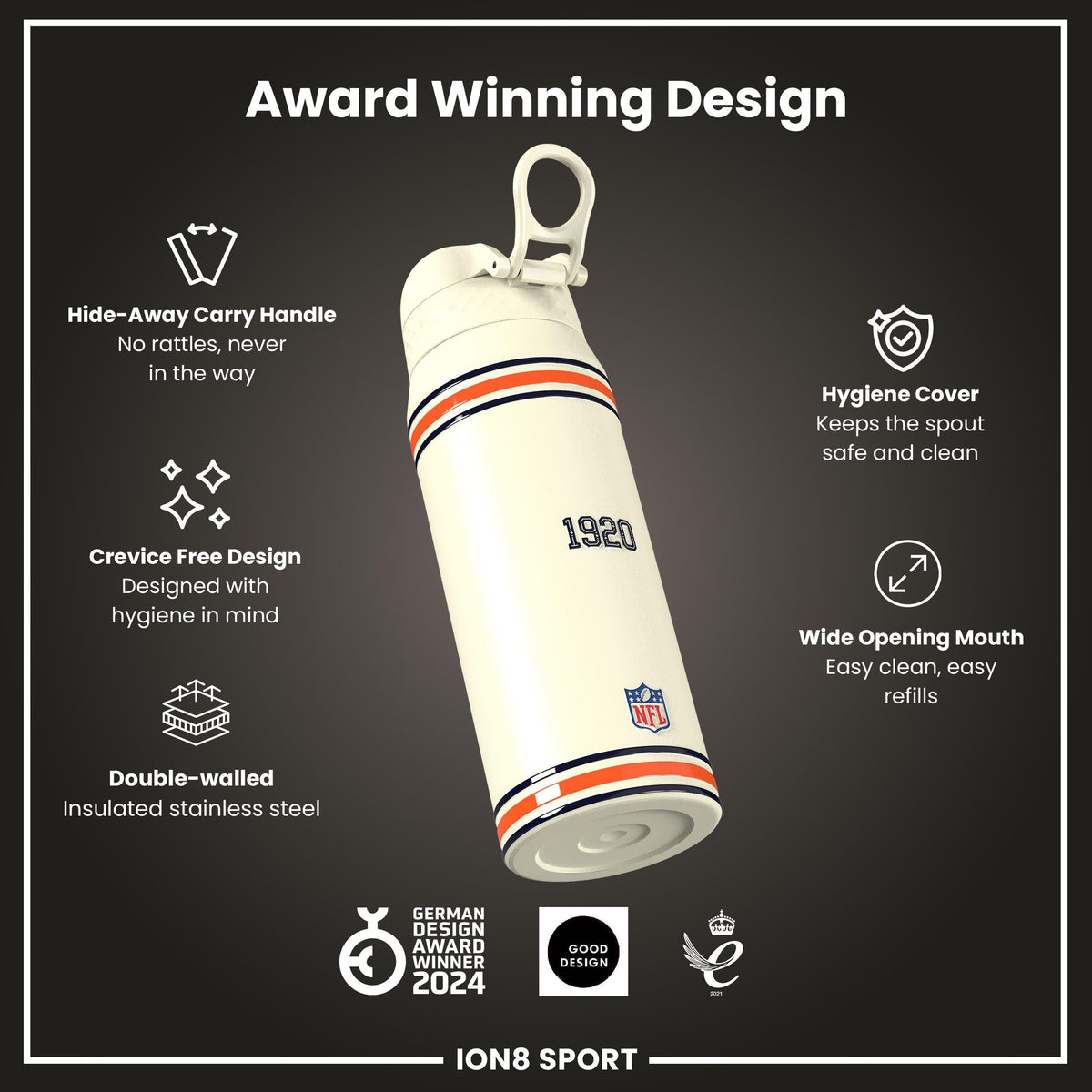 NFL x ION8 Insulated Steel Water Bottle, NFL Bears, 750ml (24oz)