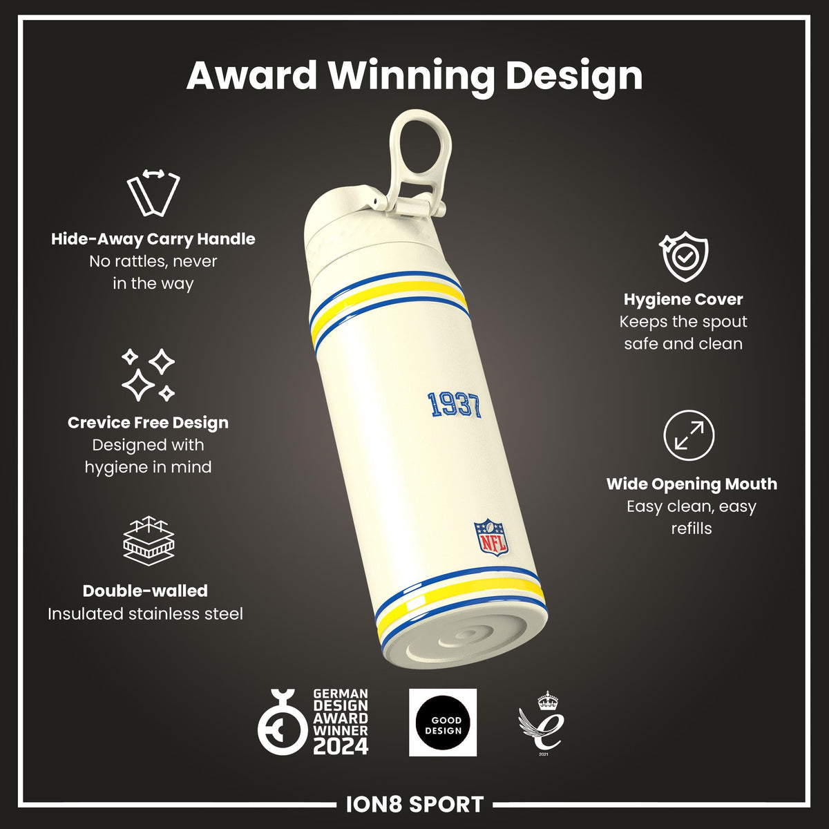 NFL x ION8 Insulated Steel Water Bottle, NFL Rams, 750ml (24oz)