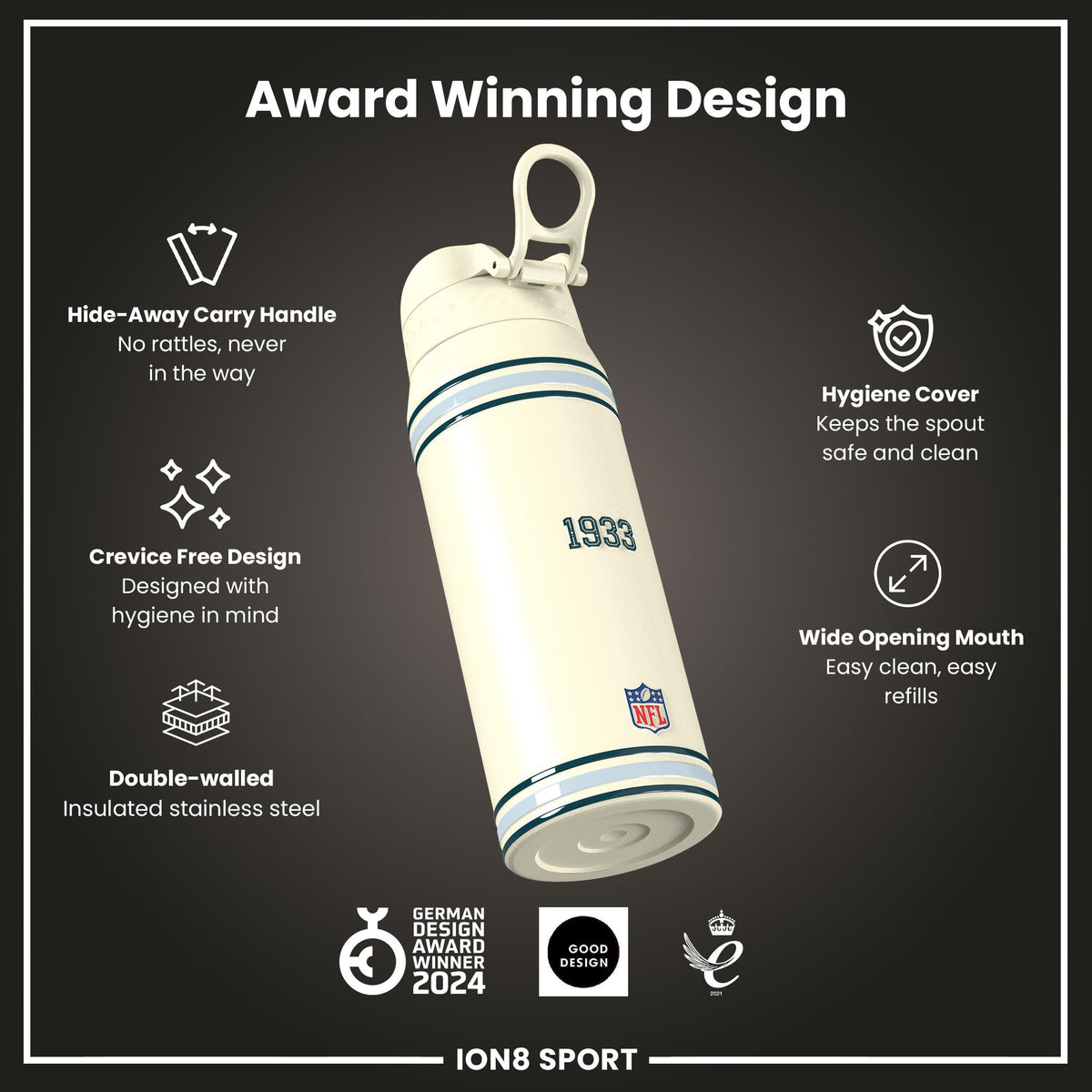 NFL x ION8 Insulated Steel Water Bottle, NFL Eagles, 750ml (24oz)